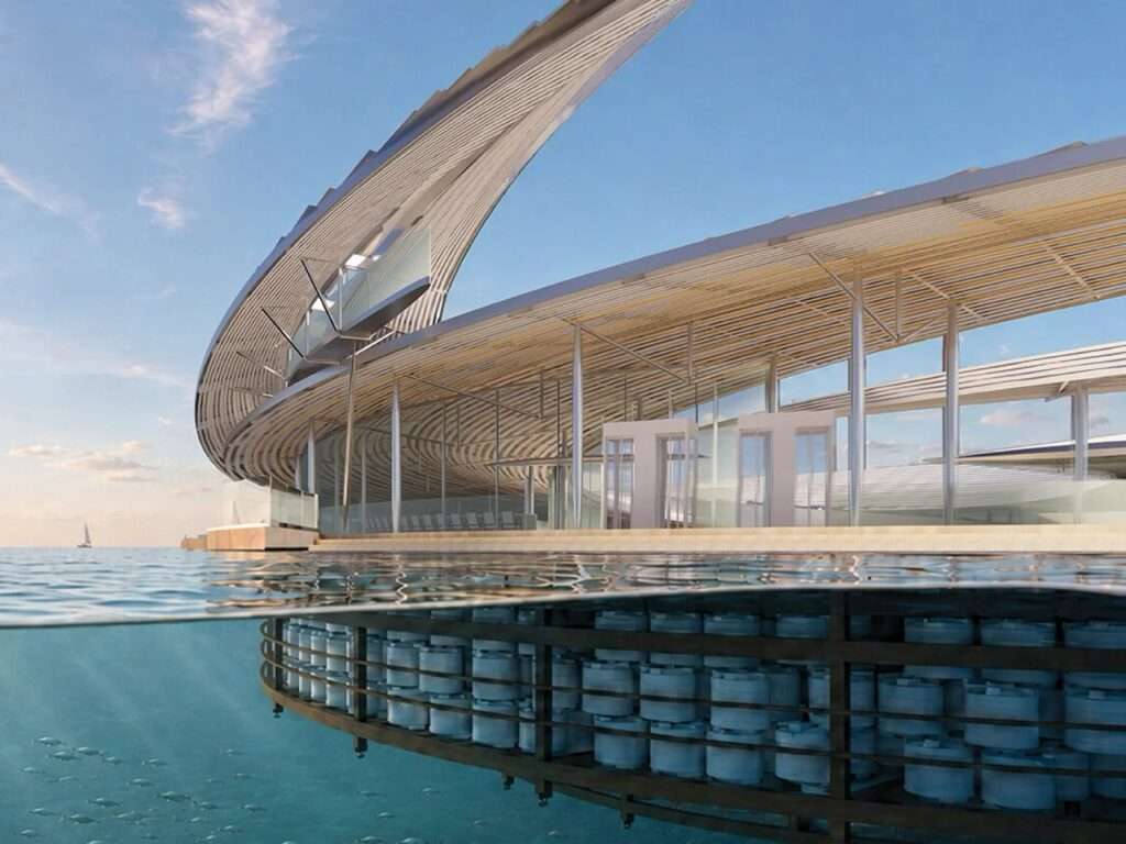 A split-level cross-section view of the Ocean Vortex showing the underwater plastic waste buoyancy system and the upper architectural deck.