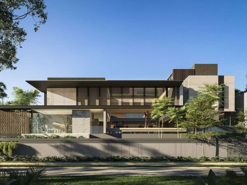 Front facade of SE House in Surabaya showing layered architectural volumes, textured screens, and integrated tropical landscape design.