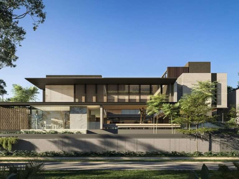 Front facade of SE House in Surabaya showing layered architectural volumes, textured screens, and integrated tropical landscape design.