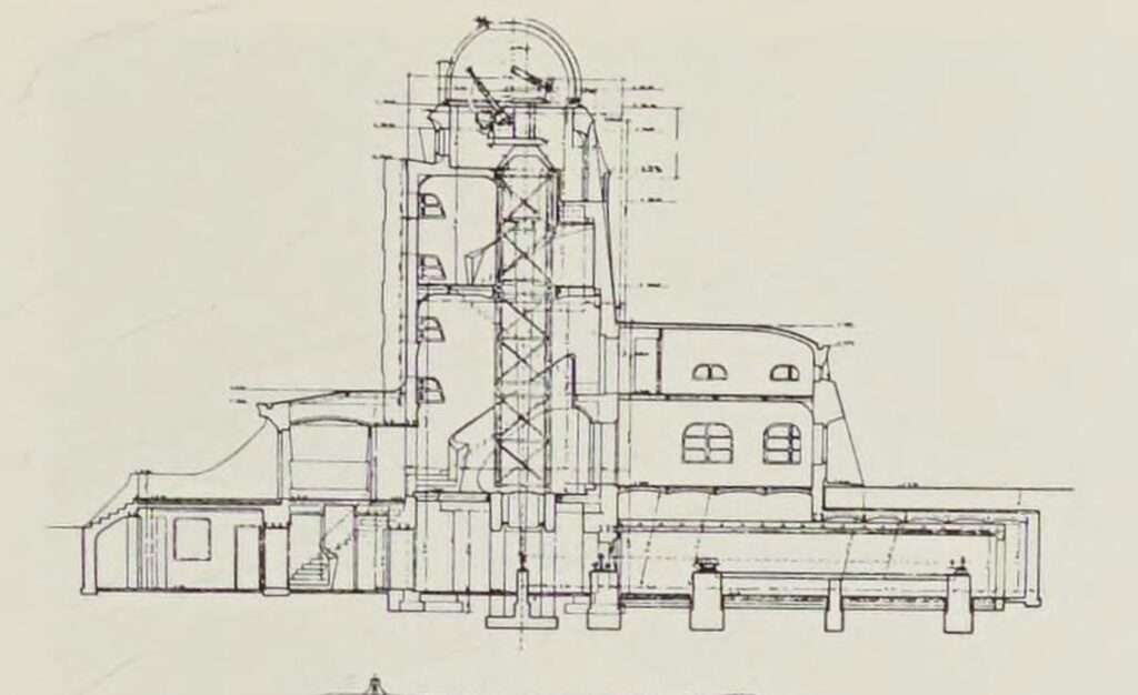 Technical cross-section architectural drawing of the Einstein Tower detailing the internal vertical laboratory shafts and coelostat mirrors.
