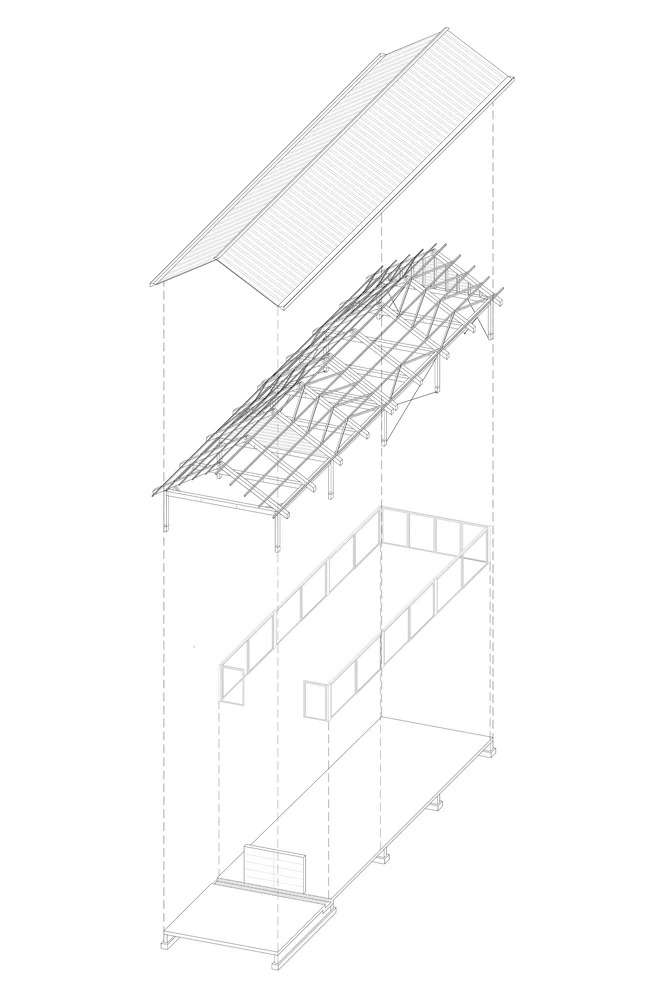 Axonometric exploded technical drawing showing the layers of the shelter from the concrete slab up to the corrugated roof.