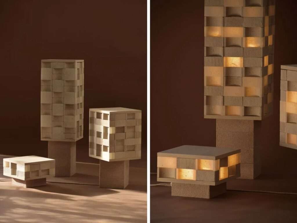 Side-by-side comparison of Mod-u modular lamps showing the structures with lights turned off versus illuminated from within.