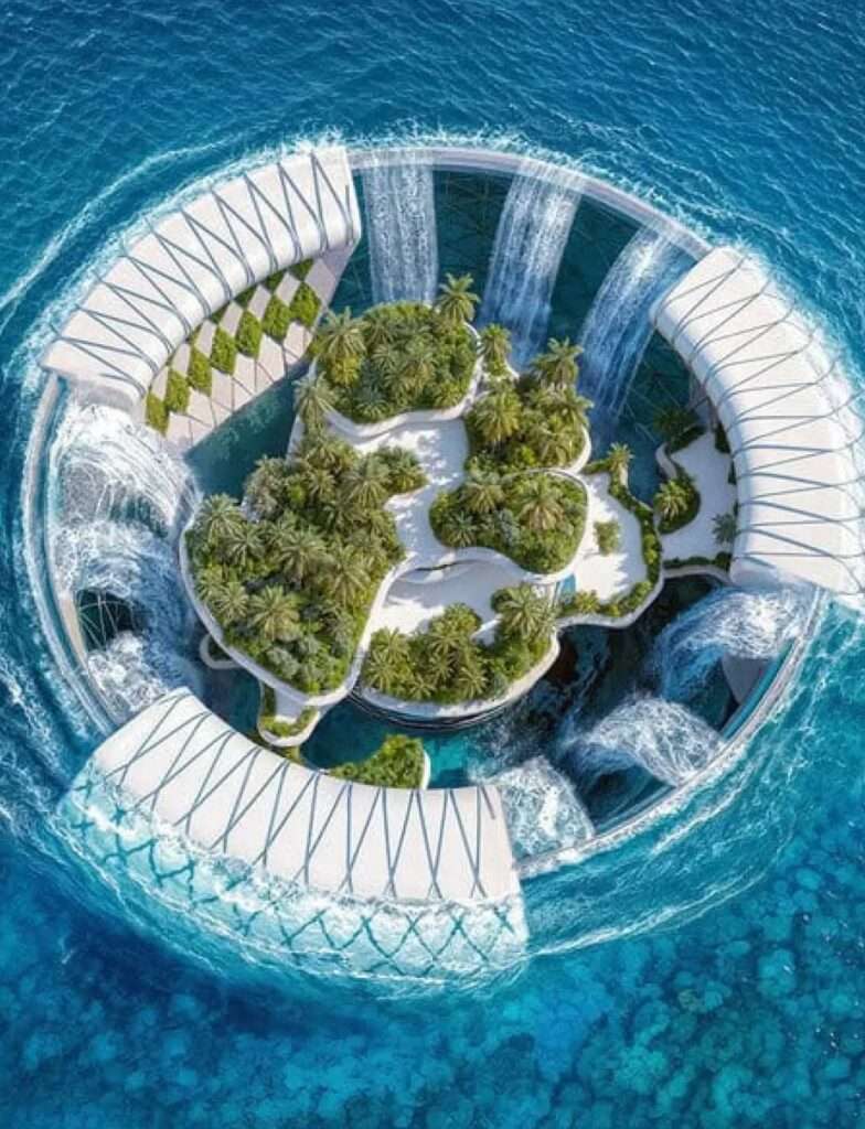 Top-down close-up aerial view of a circular floating marine structure with inward-flowing waterfalls and a central tropical island platform.