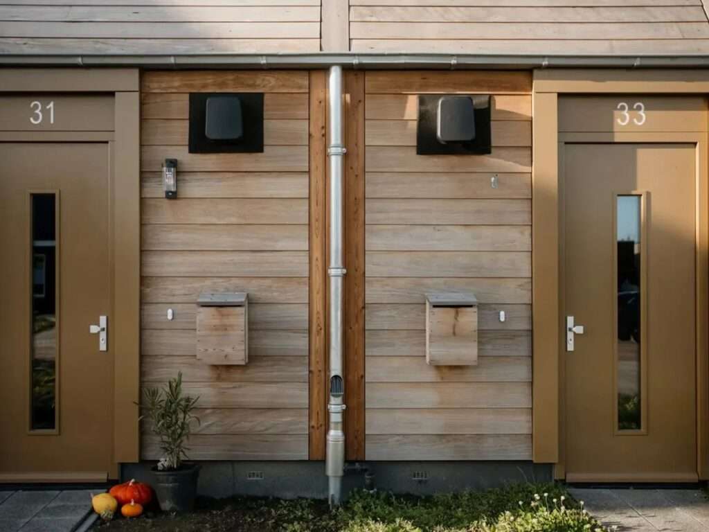 Detail view of sustainable wooden home exterior in Marknesse showing natural timber cladding and integrated bat nesting boxes.