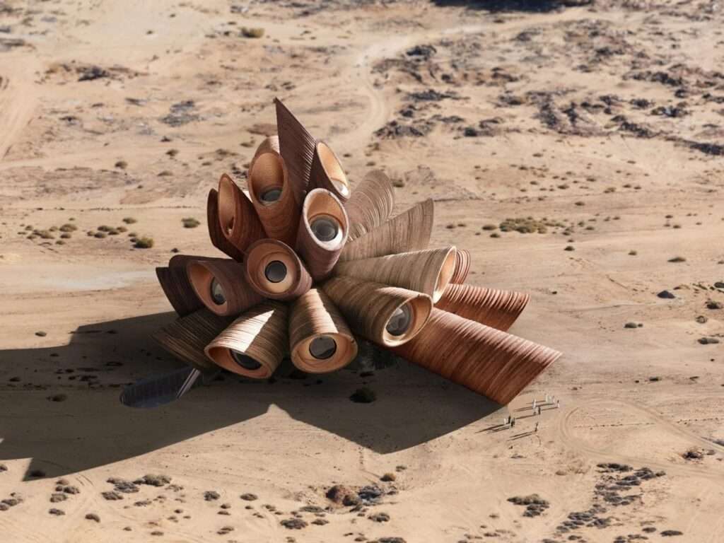 Aerial top-down view of the organic tubular pavilion structure casting long crisp shadows on the expansive desert sand.