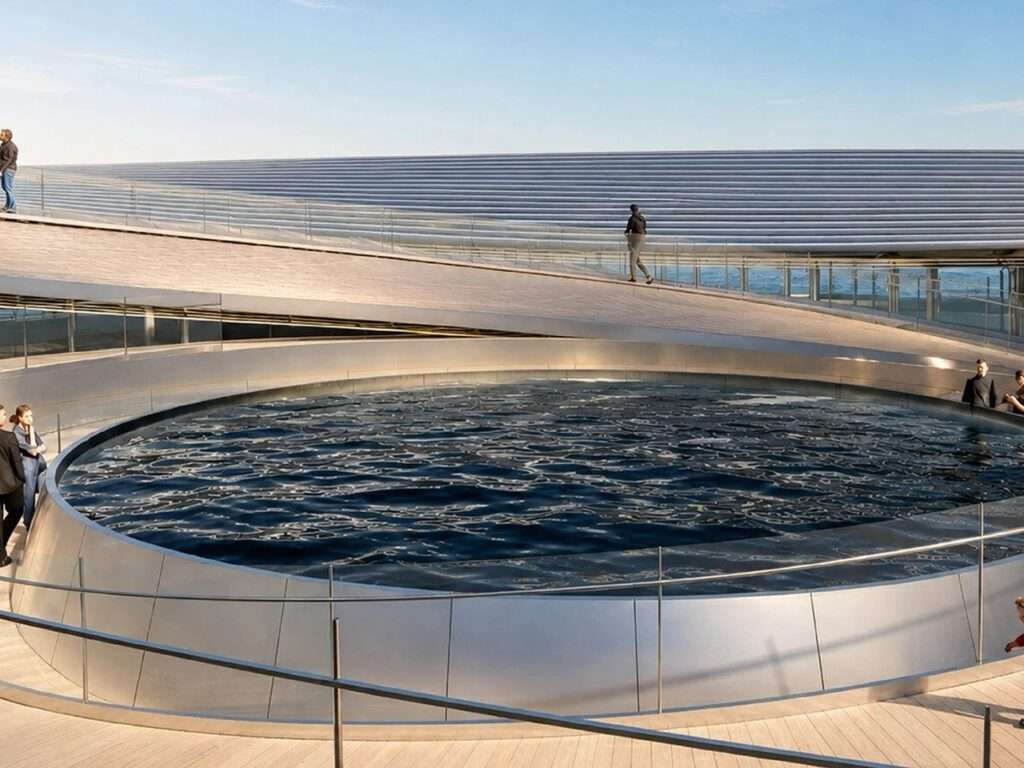 A close-up view of the internal spiral pathway and the central void of the Ocean Vortex, with visitors walking on the deck.