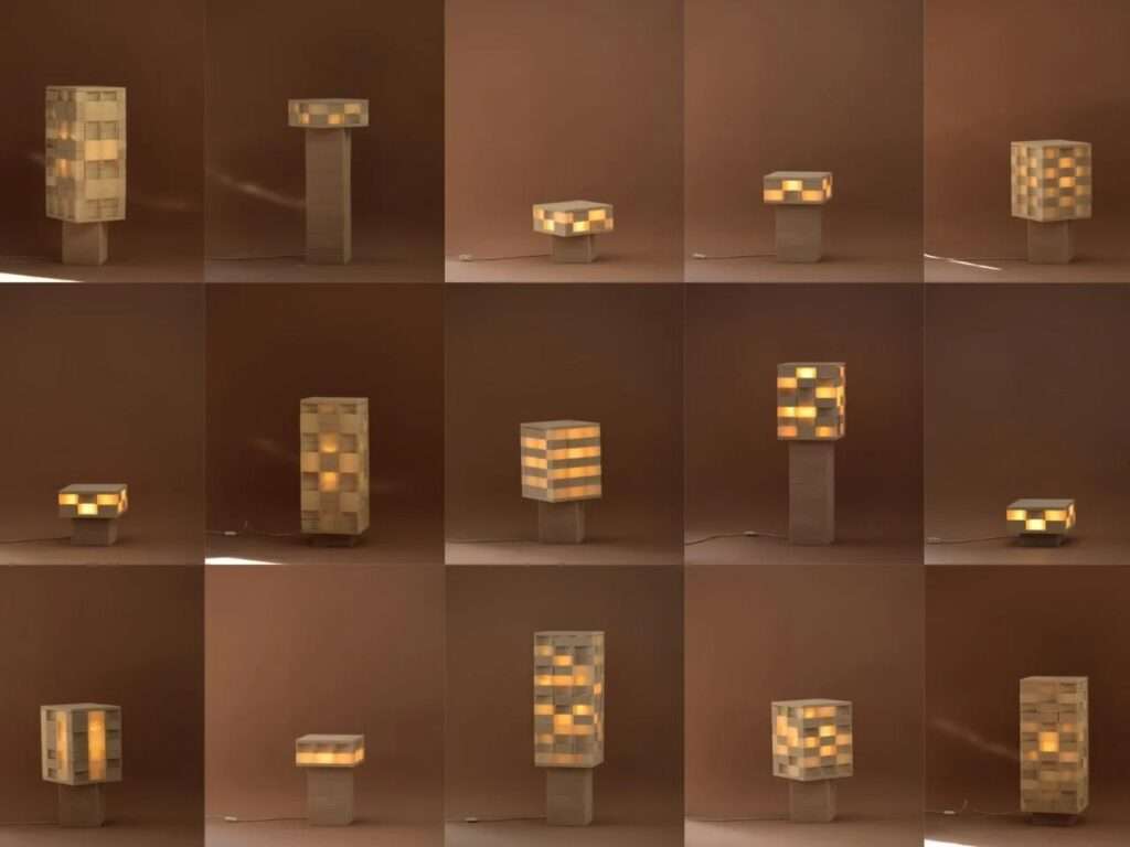 A grid of fifteen different configurations of the Mod-u modular lighting system demonstrating spatial adaptability.