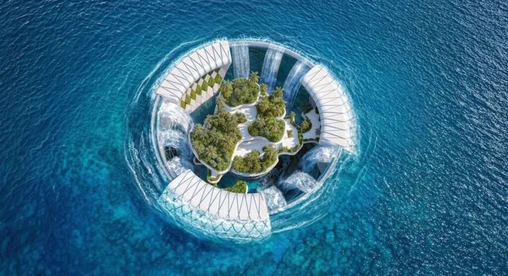 Wide aerial view of a futuristic circular floating city infrastructure operating in the deep blue open ocean.
