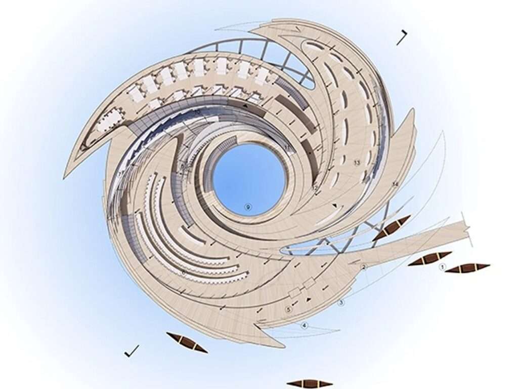 A master plan technical drawing of the Ocean Vortex showing the spiral layout and distribution of spaces.