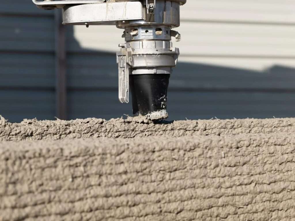 Extreme close-up of a 3D printer nozzle extruding layers of low-emission concrete mix to build a wall structure.