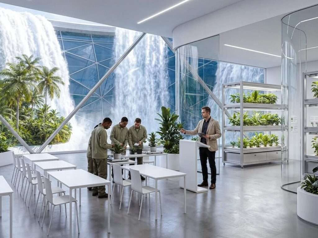Modern white interior classroom with glass walls overlooking large outdoor waterfalls, where an instructor teaches students about indoor agriculture.