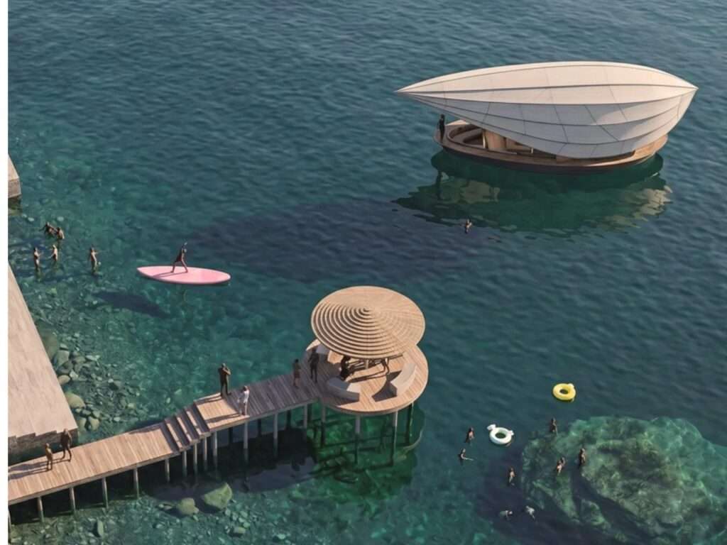 High-angle render of the Lucia floating vessel interacting with a circular wooden swimming deck and people enjoying recreational water activities on Lake Como.