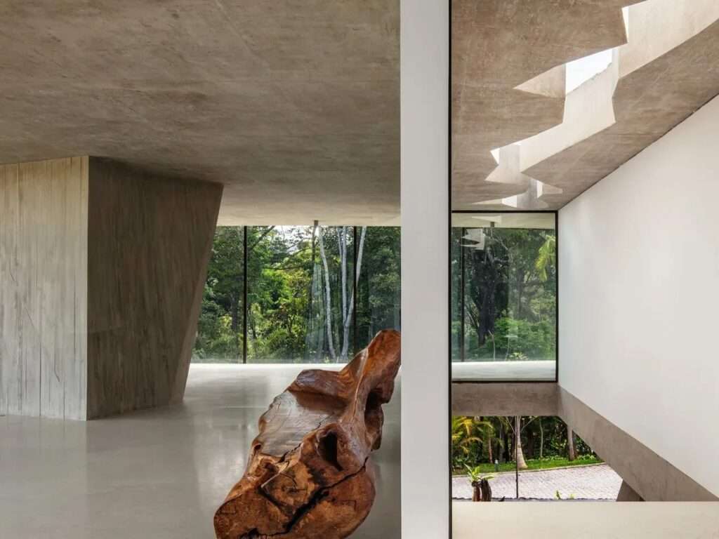 Open plan modernist interior with polished concrete floors, a rustic wooden log bench, and large floor-to-ceiling glass windows facing a jungle.