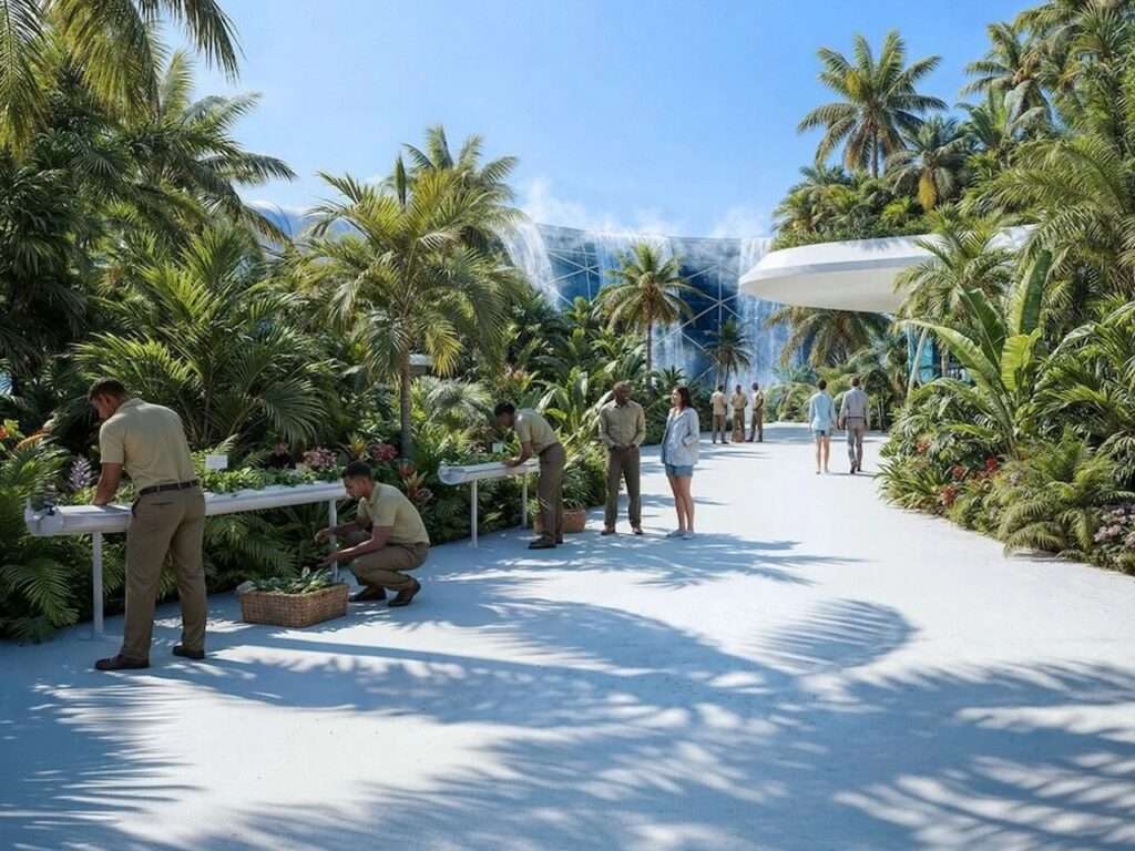 Sunny outdoor biophilic promenade on a floating structure with palm trees, waterfalls, workers tending to plants, and tourists walking.