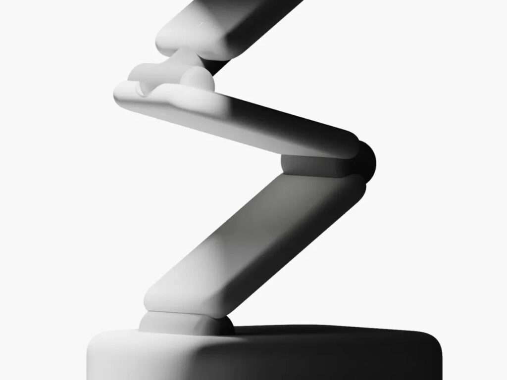 Silhouette profile of Enno robot's z-shaped folding vertical tower mechanism under stark studio lighting.