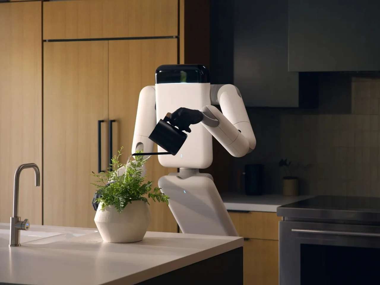 Enno robot by Genesis AI watering a potted green plant with a black watering can on a modern kitchen island countertop.