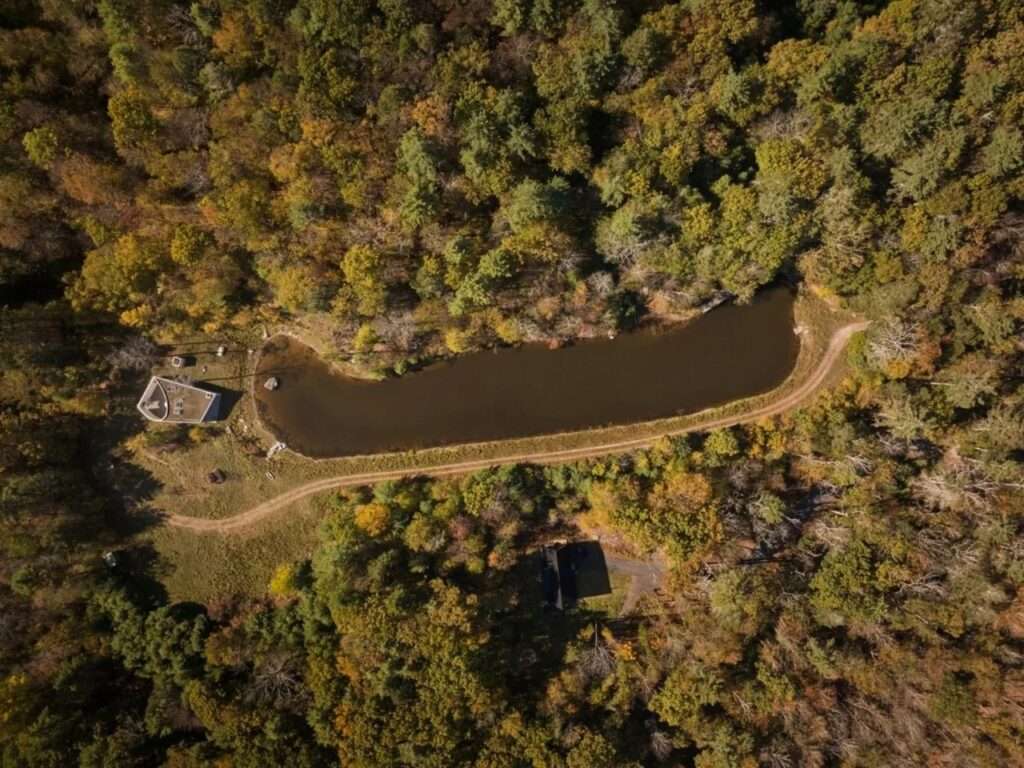 High aerial drone photograph showing a modern geometric pavilion situated next to an elongated pond surrounded by a dense forest during autumn.