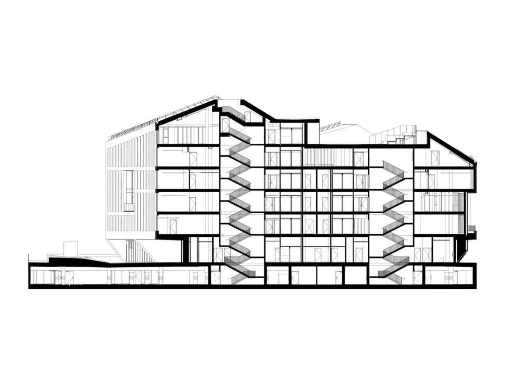 Architectural cross-section drawing of the HANZA building detailing the multi-level internal staircases, underground parking garage, commercial ground floor, and sloped roof profile.