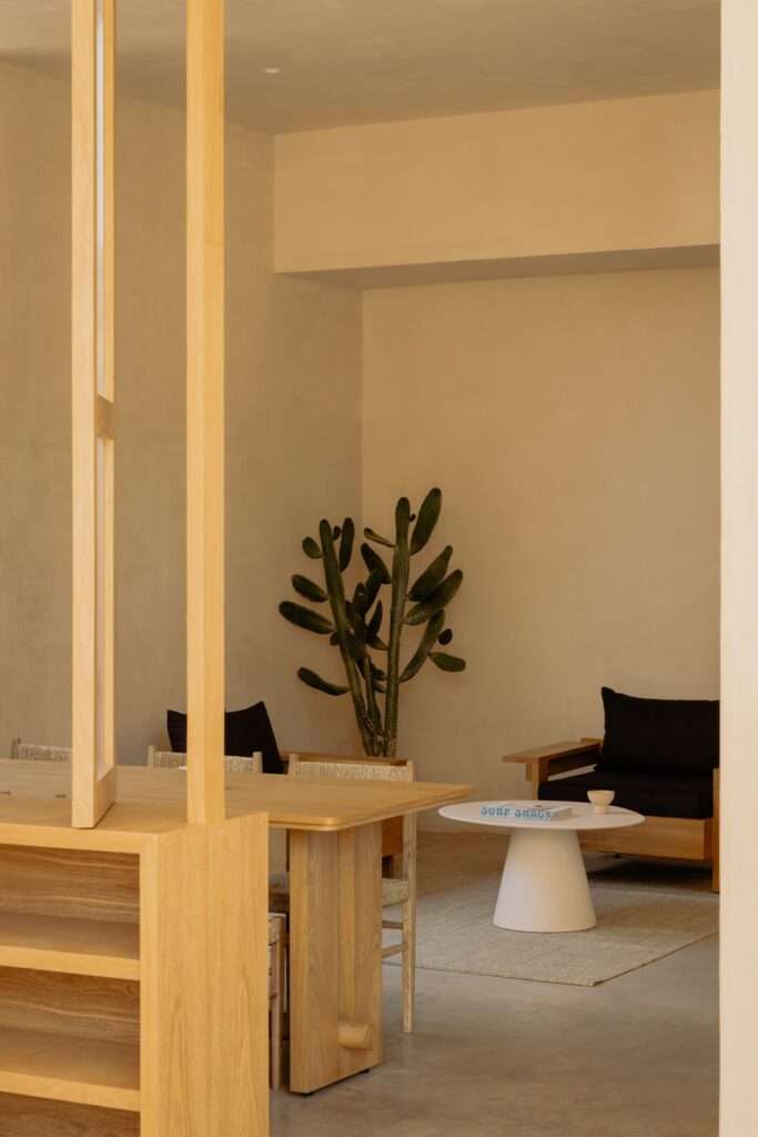 Minimalist apartment living space inside Estero Residences with a light wood table, a native cactus plant in the corner, dark cushioned armchairs, and an off-white circular coffee table.