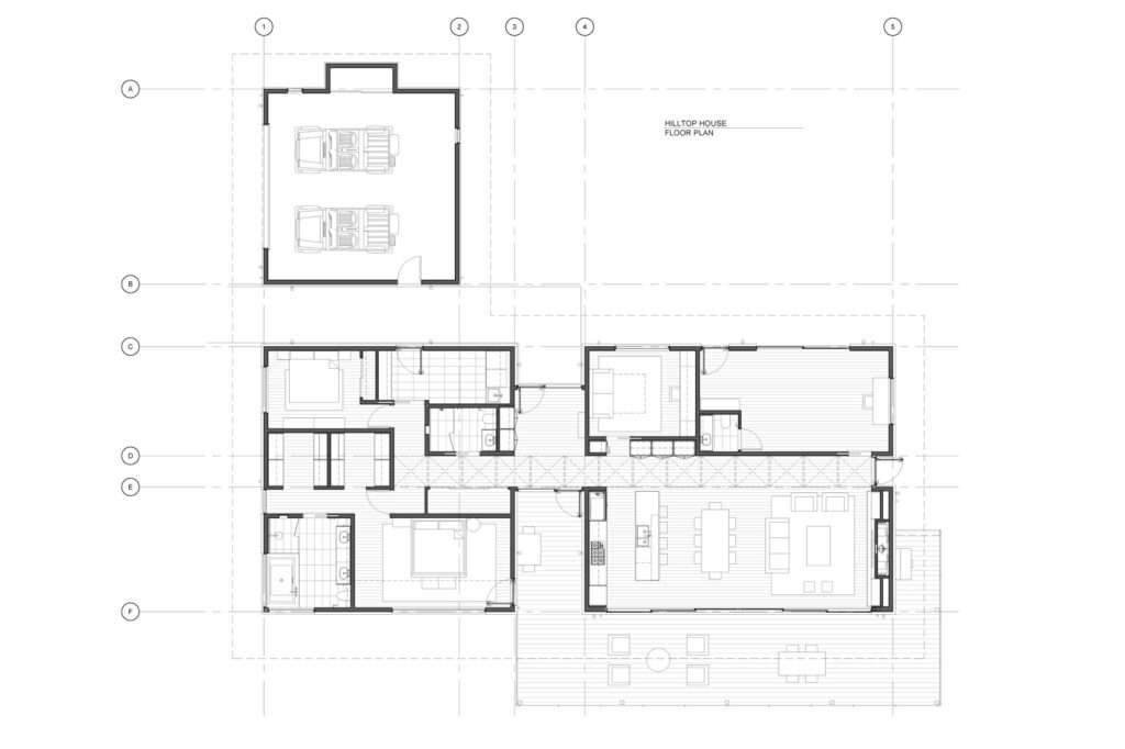 2D architectural layout floor plan diagram of Hilltop House displaying the L-shaped configuration, courtyard, garage, and programmatic zones.