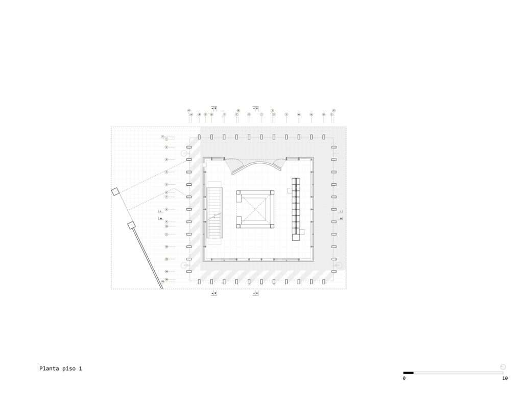 Architectural blueprint showing the first-floor layout of the library pavilion, detailing the central square core, perimeter column grid, and entry path.