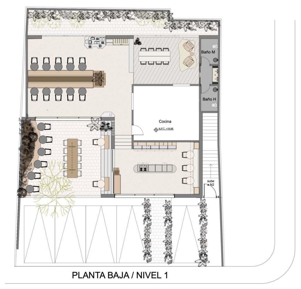 Architectural floor plan layout of the ground floor (Planta Baja / Nivel 1) showing Gamba Cafe dining tables, kitchen area, restrooms, and outdoor patio spaces.