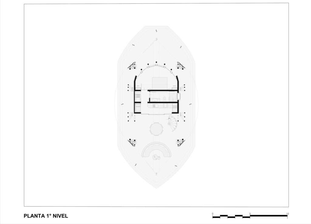 Architectural black and white floor plan drawing of the first level (Planta 1° Nivel) of CORA Villa, showing an oval layout with open living spaces.
