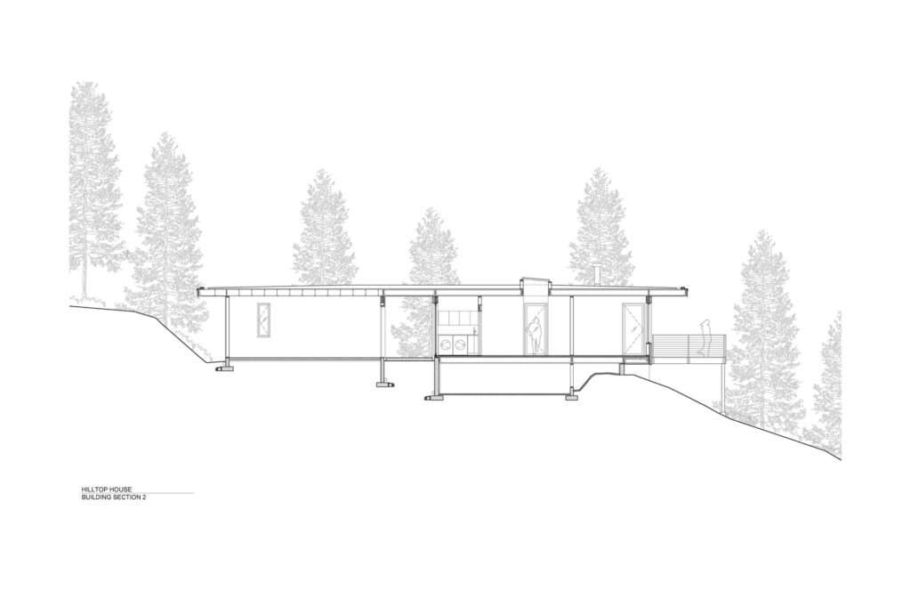 Architectural cross-section drawing diagram of Hilltop House illustrating structural anchoring along the steep hillside slope.