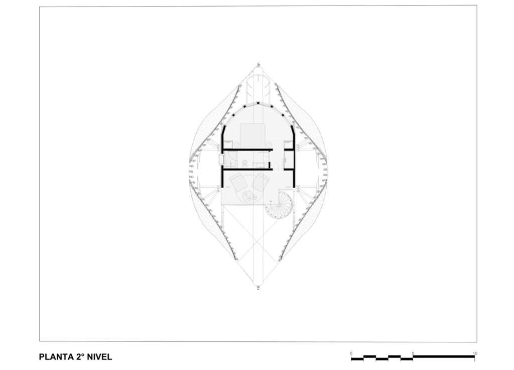 Architectural floor plan layout drawing of the second level (Planta 2° Nivel) of CORA Villa, highlighting the mezzanine bedroom and upper framework.
