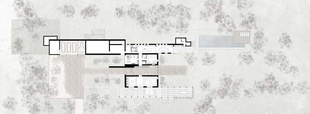Architectural ground floor plan of House 2302 showing the spatial layout, central courtyard pathway, long kitchen, and swimming pool area.