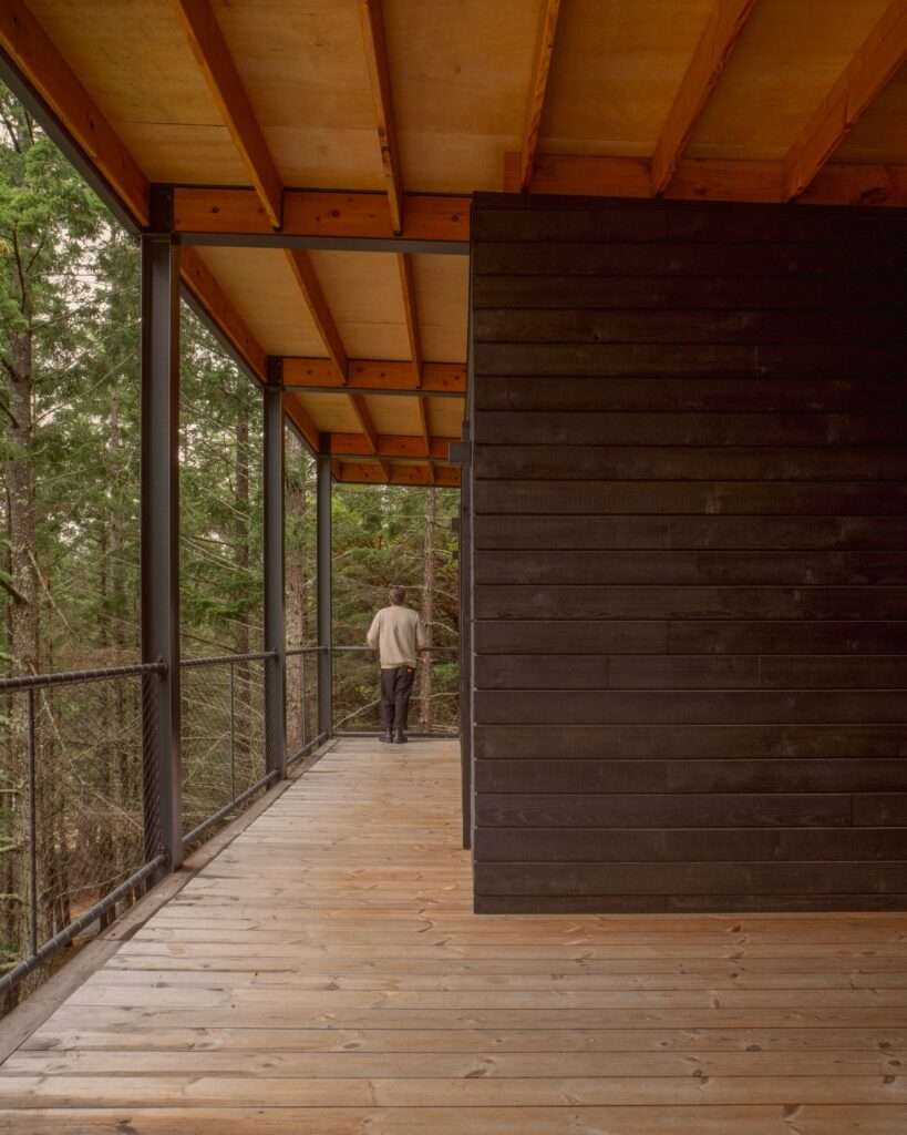 A person standing at the edge of a long wooden outdoor corridor of a cabin, looking into a dense green pine forest.