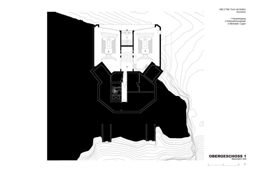 Architectural floor plan diagram of the lower level of the Titlis tower showing the entrance, vehicle garage, and rock tunnel connection.