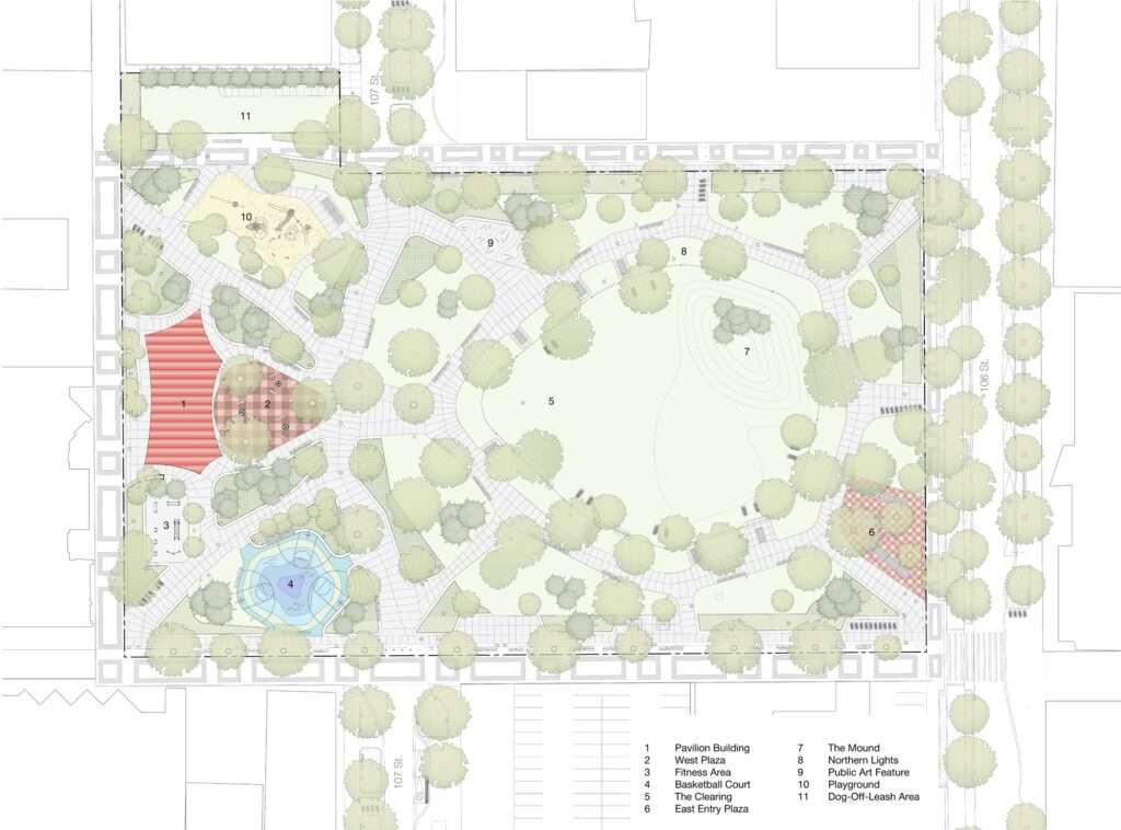 Technical site plan of O-day'min Park in Edmonton, showing the location of the pavilion, plazas, playgrounds, and recreational zones.