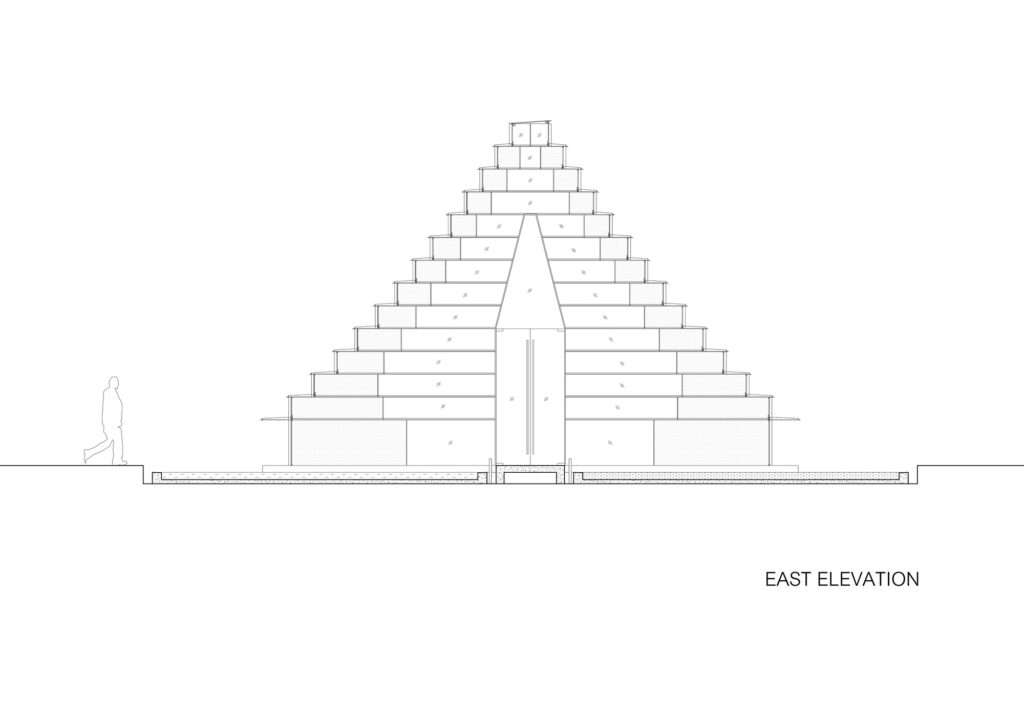 East elevation technical drawing of the meditation pavilion showing its stepped geometric form.