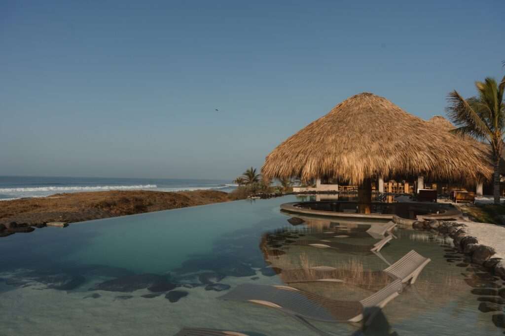 An organic-shaped infinity swimming pool with shallow water sun loungers, flanked by a thatched palapa and a volcanic rock edge looking out over a coastal beach.