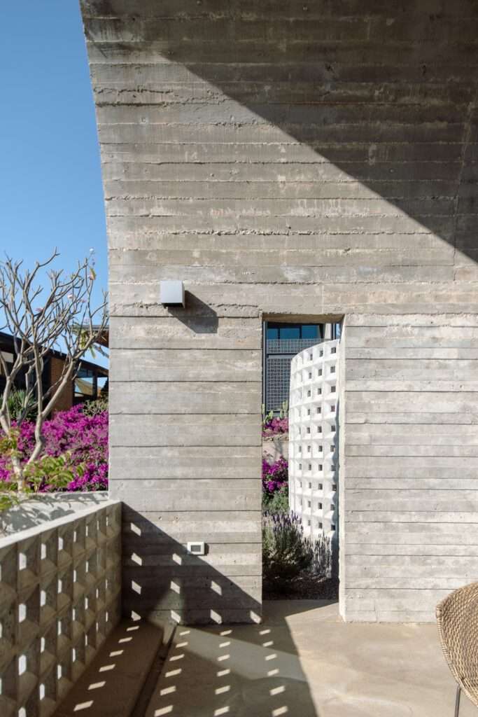 Courtyard view of Casa Cielo featuring a curved perforated concrete screen block wall nestled between raw concrete structures and lavender plants.