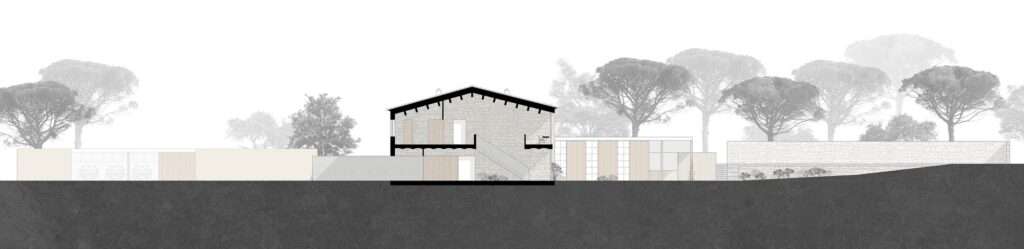 Architectural cross-section drawing of House 2302 showing the internal vertical levels, the concrete staircase, and the surrounding landscape profile.