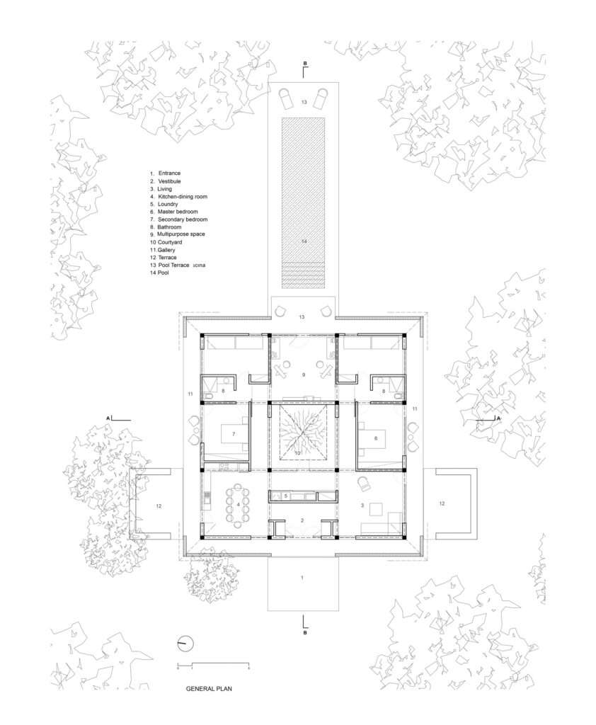 Architectural blueprint plan drawing of Villa E, detailing the layout of bedrooms, central courtyard, living areas, and the long swimming pool.
