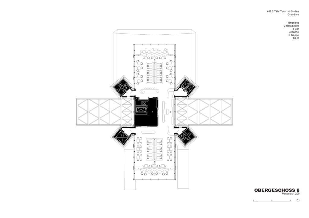 Architectural floor plan diagram of level 8 of the Titlis tower showing the cross-shaped restaurant layout, bars, and circulation cores.