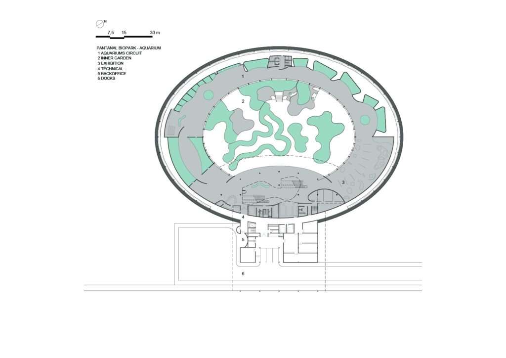 Architectural floor plan of the Pantanal Biopark identifying the aquarium circuit, inner garden, and exhibition areas.
