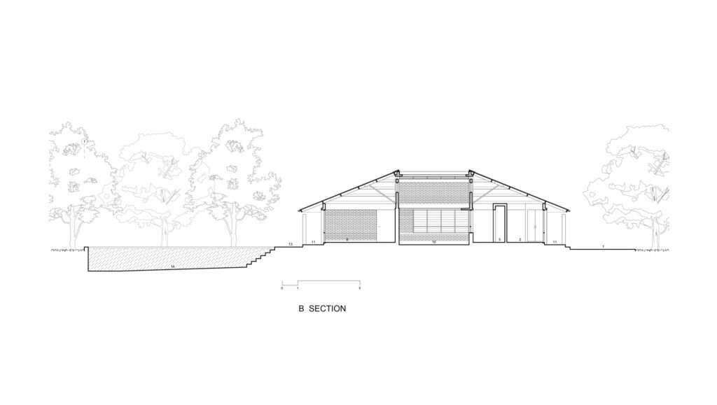 Cross-section architectural drawing of Villa E, showing the slope of the roof, internal courtyard heights, and the pool excavation profile.