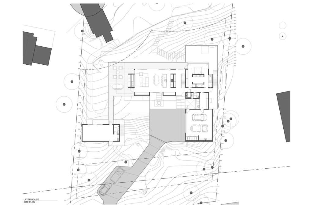 Architectural site plan drawing of Layer House showing the layout of the buildings and topography.