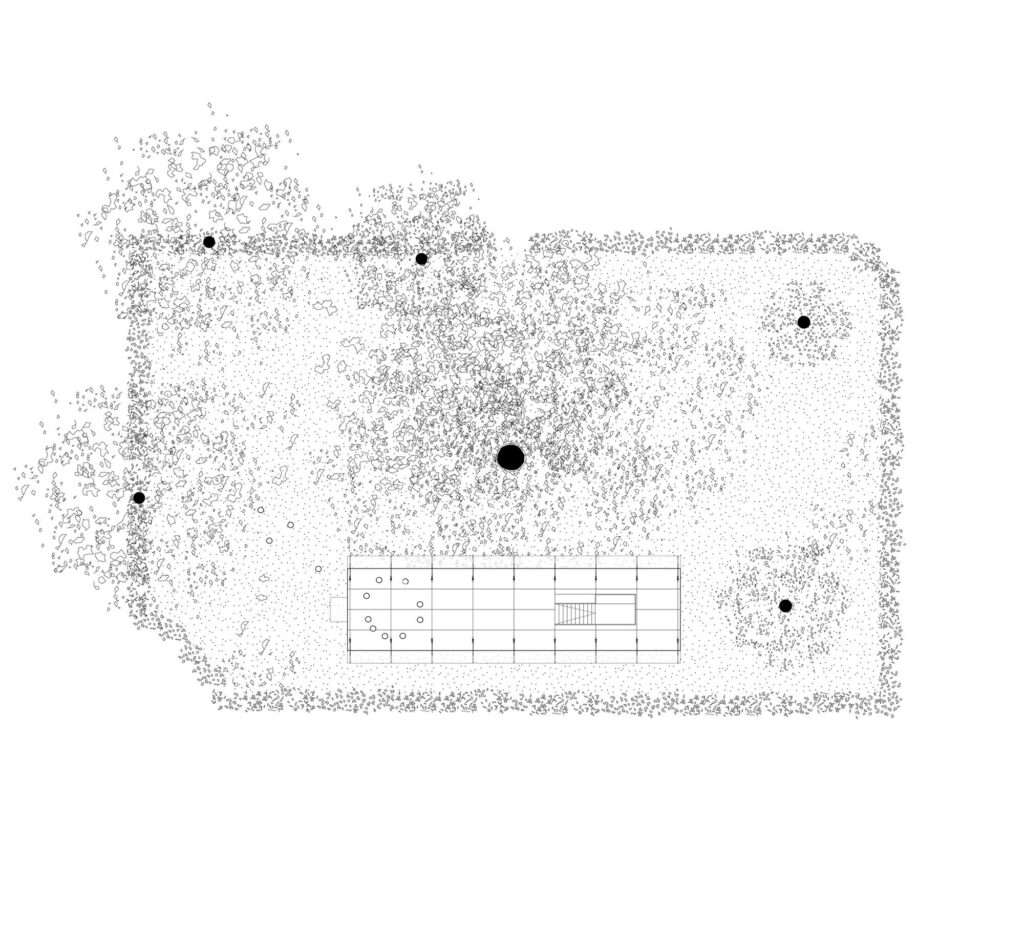 Architectural floor plan drawing of Cabane 7L within the Carré du Pin plot, showcasing the internal wooden core and column layout.