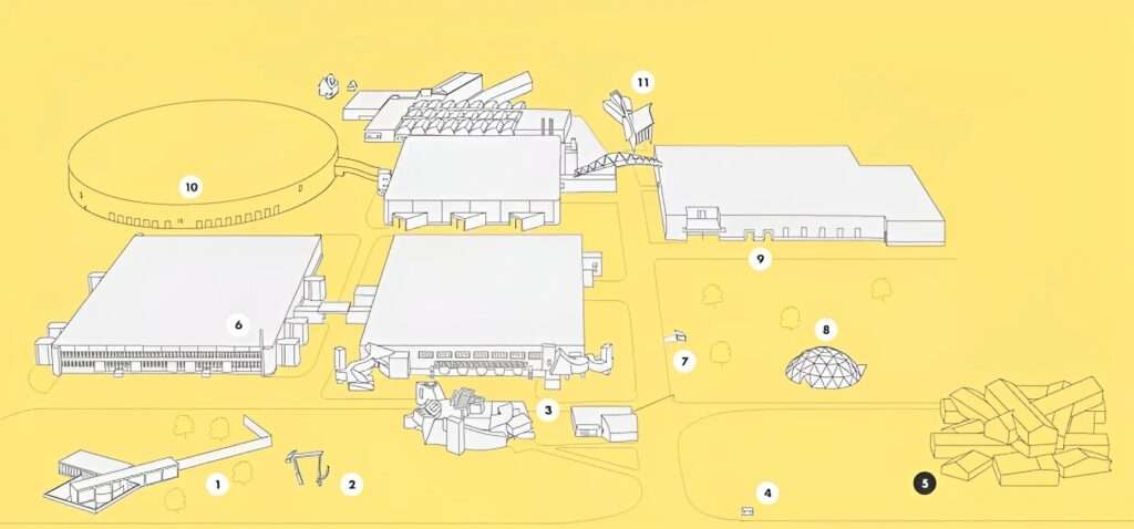 Illustrated architectural map diagram of the Vitra Campus buildings on a yellow background.