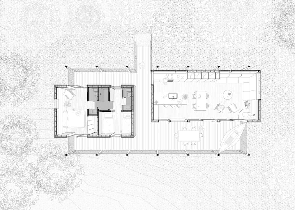Architectural floor plan drawing of Trestle Cabin showing two separate modular enclosures connected by an outdoor wooden bridge deck.