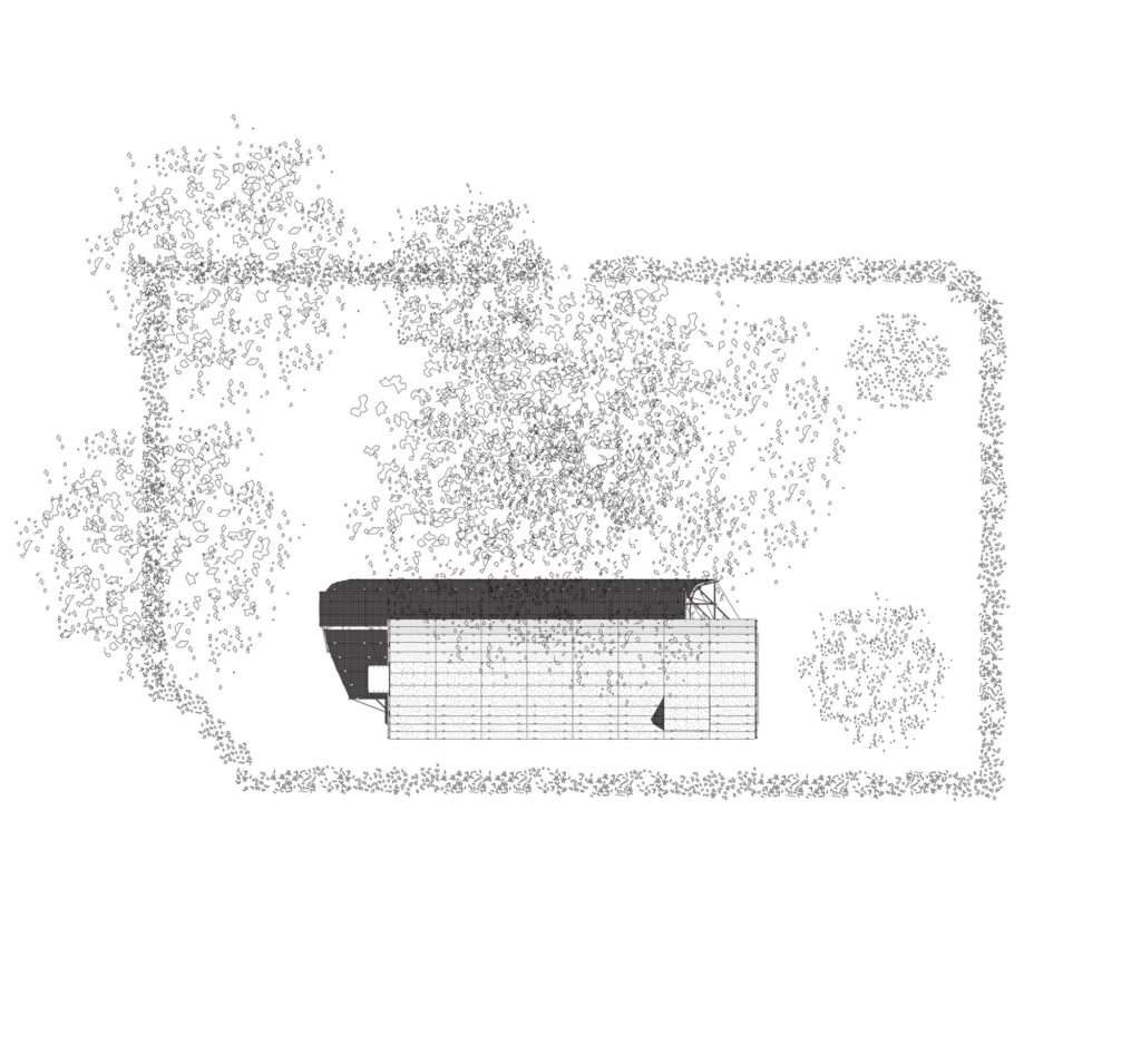 Architectural roof plan diagram of Cabane 7L demonstrating the alignment of the canopy relative to the surrounding landscape grid.