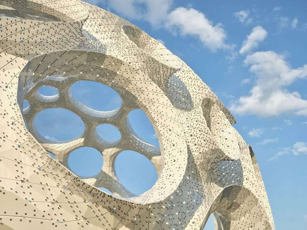 Close-up architectural detail of the ultra-thin dual-layer aluminum strips and thousands of mechanical rivets forming the perforated Moonrise dome structure.