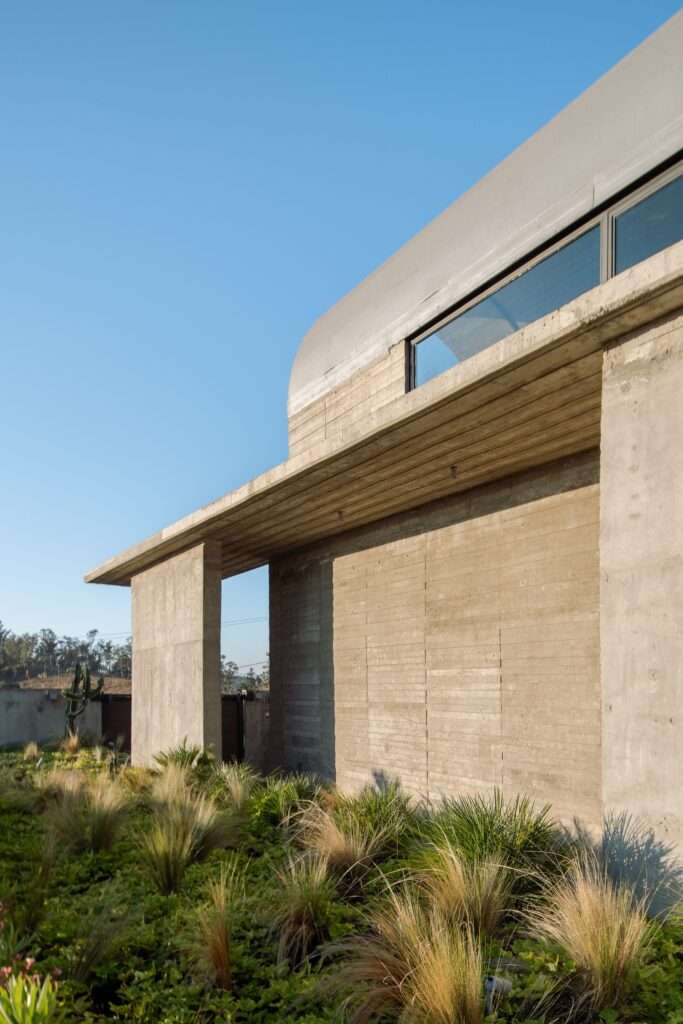 A semi-circular plunge pool wrapped by a perforated concrete screen wall at Casa Cielo with bright purple bougainvillea in the background.