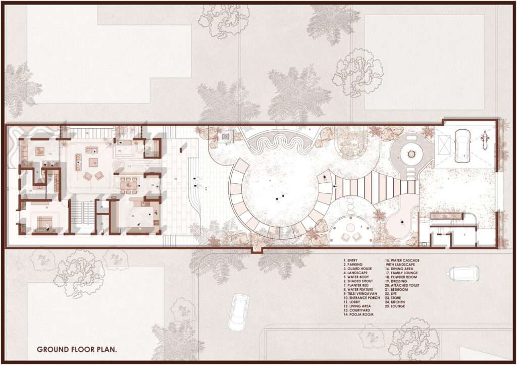 Architectural ground floor plan diagram of the residence, detailing the entryway, central living room, internal courtyard, landscape garden, and rear garage layout.