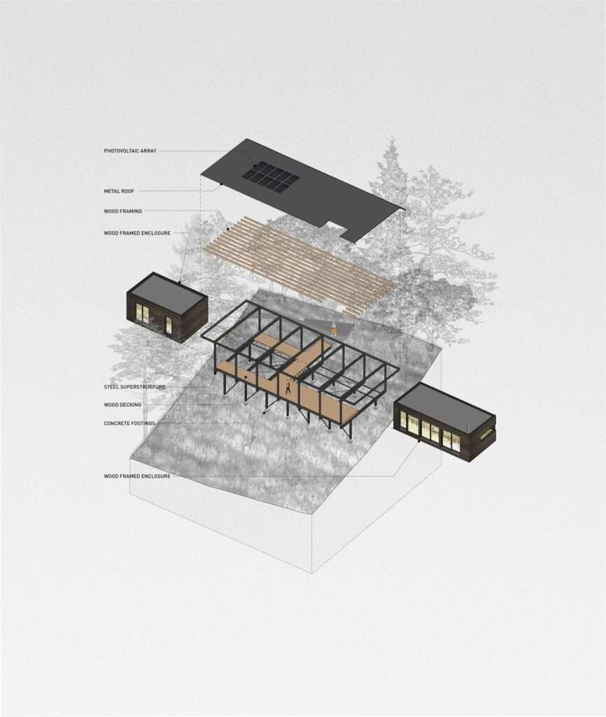 Exploded isometric diagram of Trestle Cabin detailing the steel superstructure, concrete footings, wood frames, and a photovoltaic roof array.